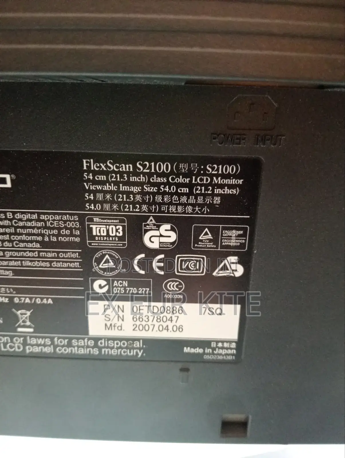 Eizo Flexscan S2100 Monitor 21.3 Inches