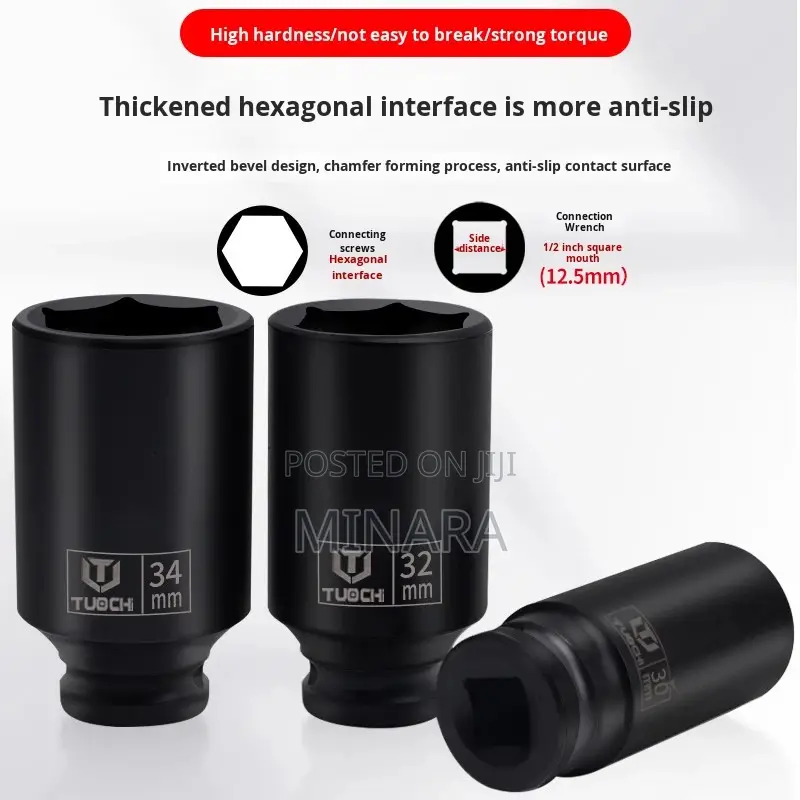 4pc, 1/2'' Drive Deep Axle Nut Impact Socket Set, 6 Point, 30-36mm