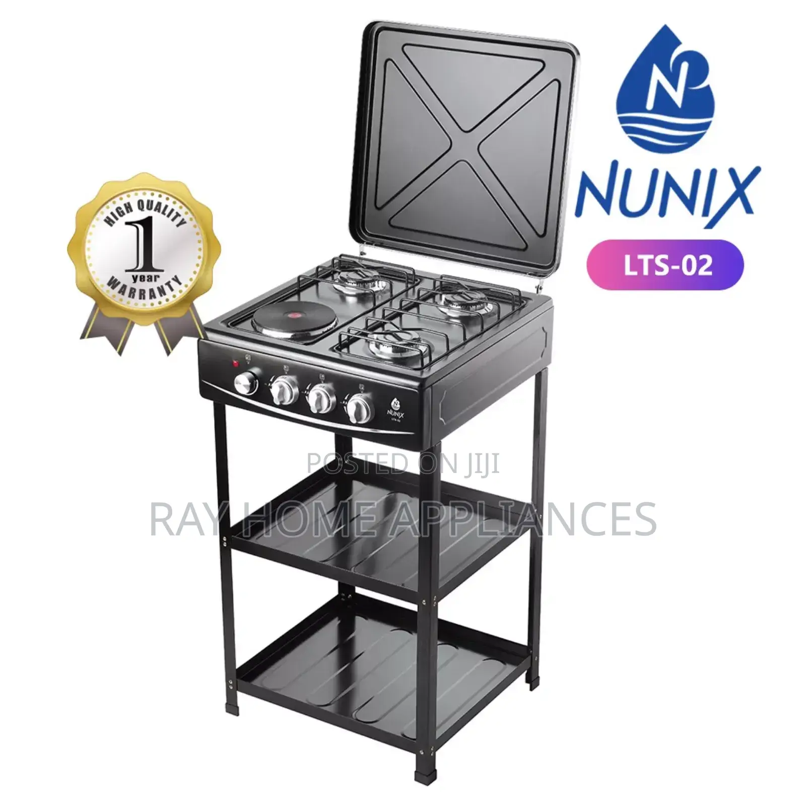Nunix Cooker 3 Gas +1 Electric Plate Standing Cooker Plus Shelves