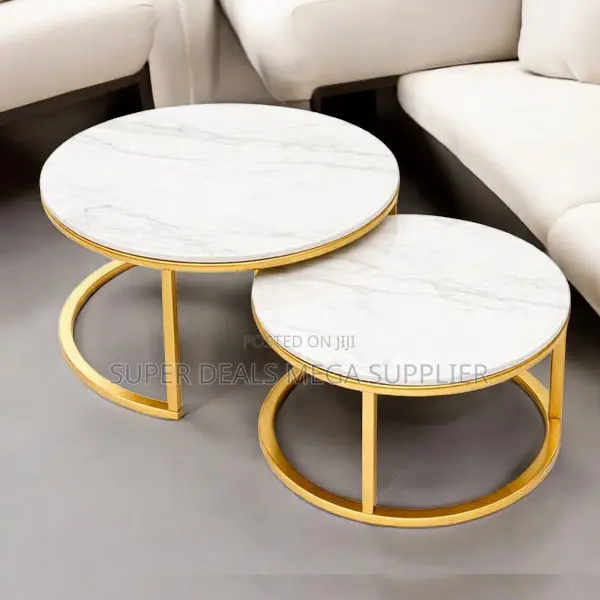 White Marble Coffee Table Set With Gold Circular Base Nesting