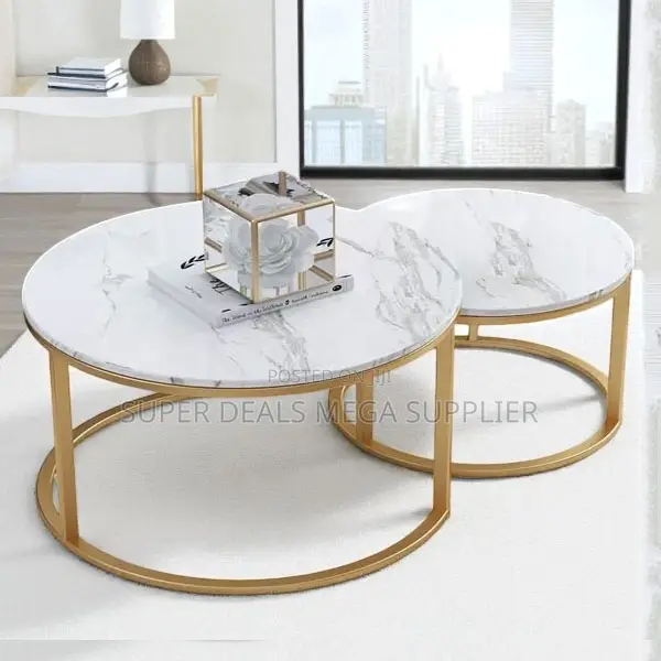 Modern Living Room Marble Coffee Table Pair With Gold Accents