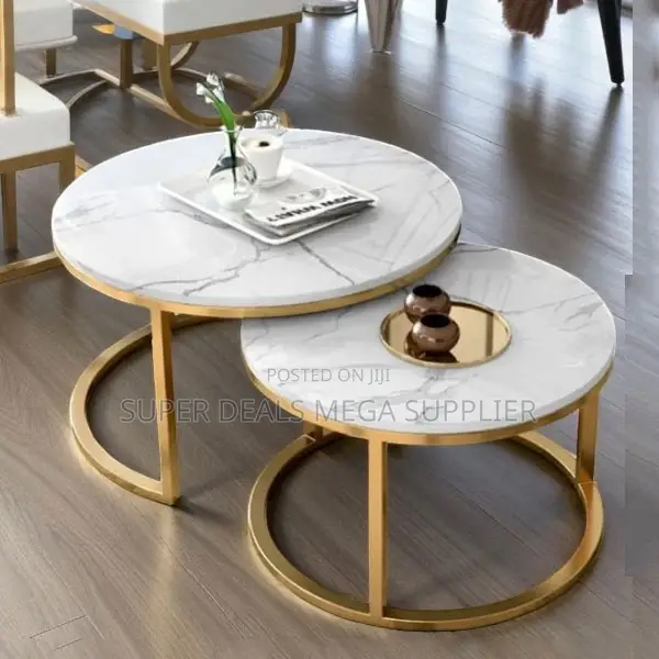 Sleek Nesting Marble Coffee Table Pair With Gold Metal Stand