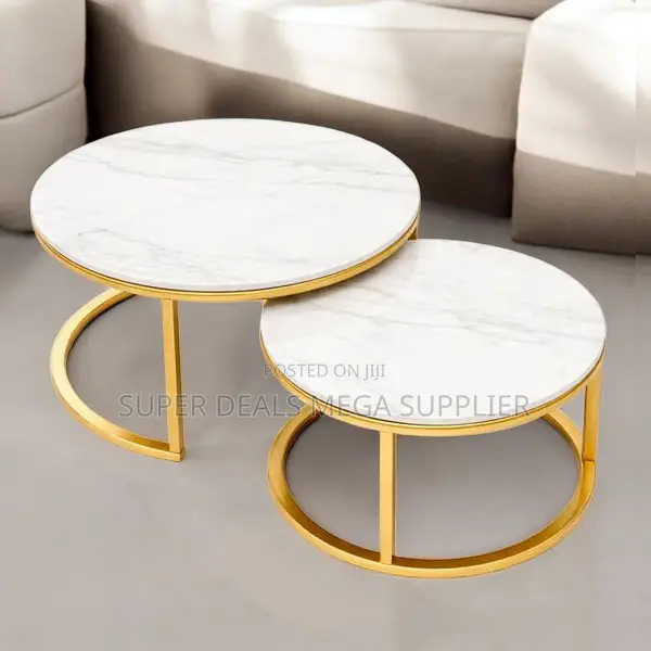 Chic Space Saver Marble Coffee Table Pair With Golden Round Frame