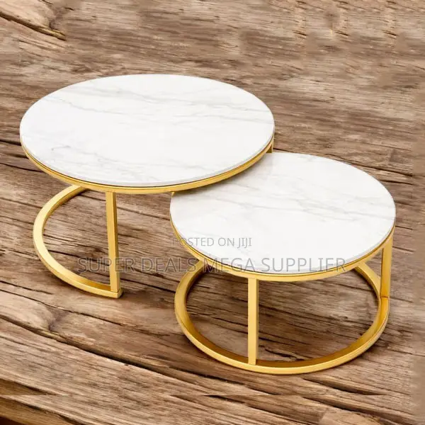 Durable Gold Steel Frame 2 Piece Marble Round Coffee Table Set