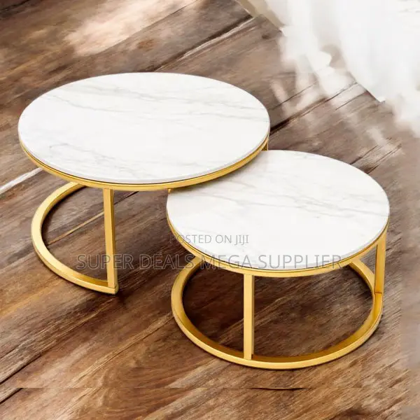 Contemporary Golden Base 2 Piece Marble Round Coffee Tables