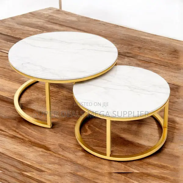 Premium Gold Finish 2 Piece Marble Top Round Coffee Tables