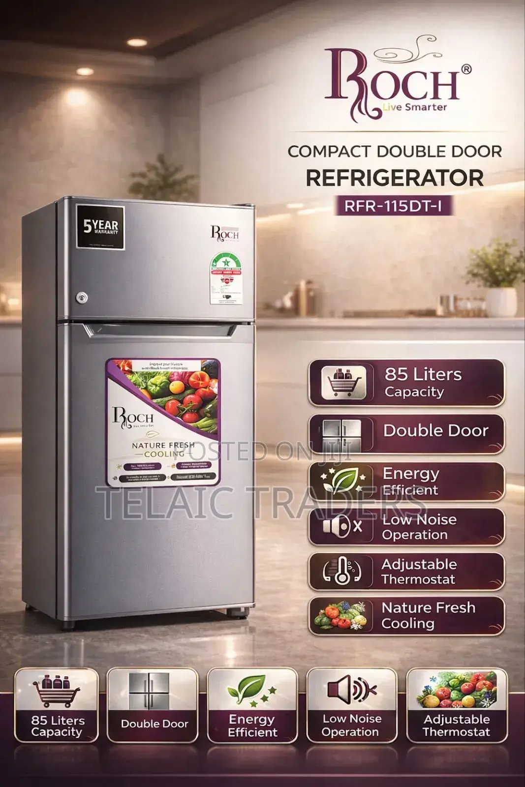 90 Litres Roch Double Door RFR-115 Dt-1 Refrigerator