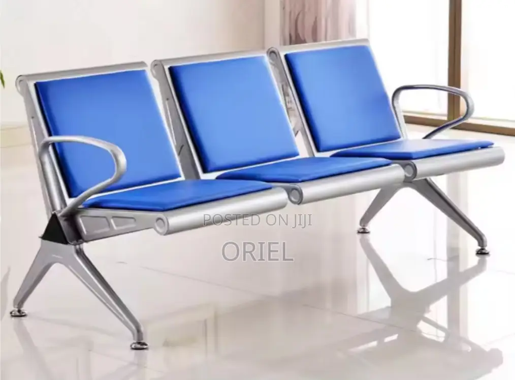 Modern Office Waiting Chair : Blue Leather Padded 3seater Office Bench