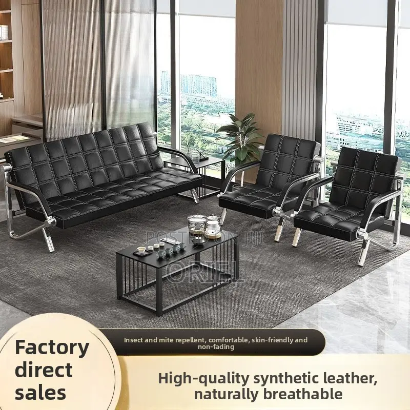 Office Waiting Sofa : Black Faux Executive 5-Seater Office Sofa Set