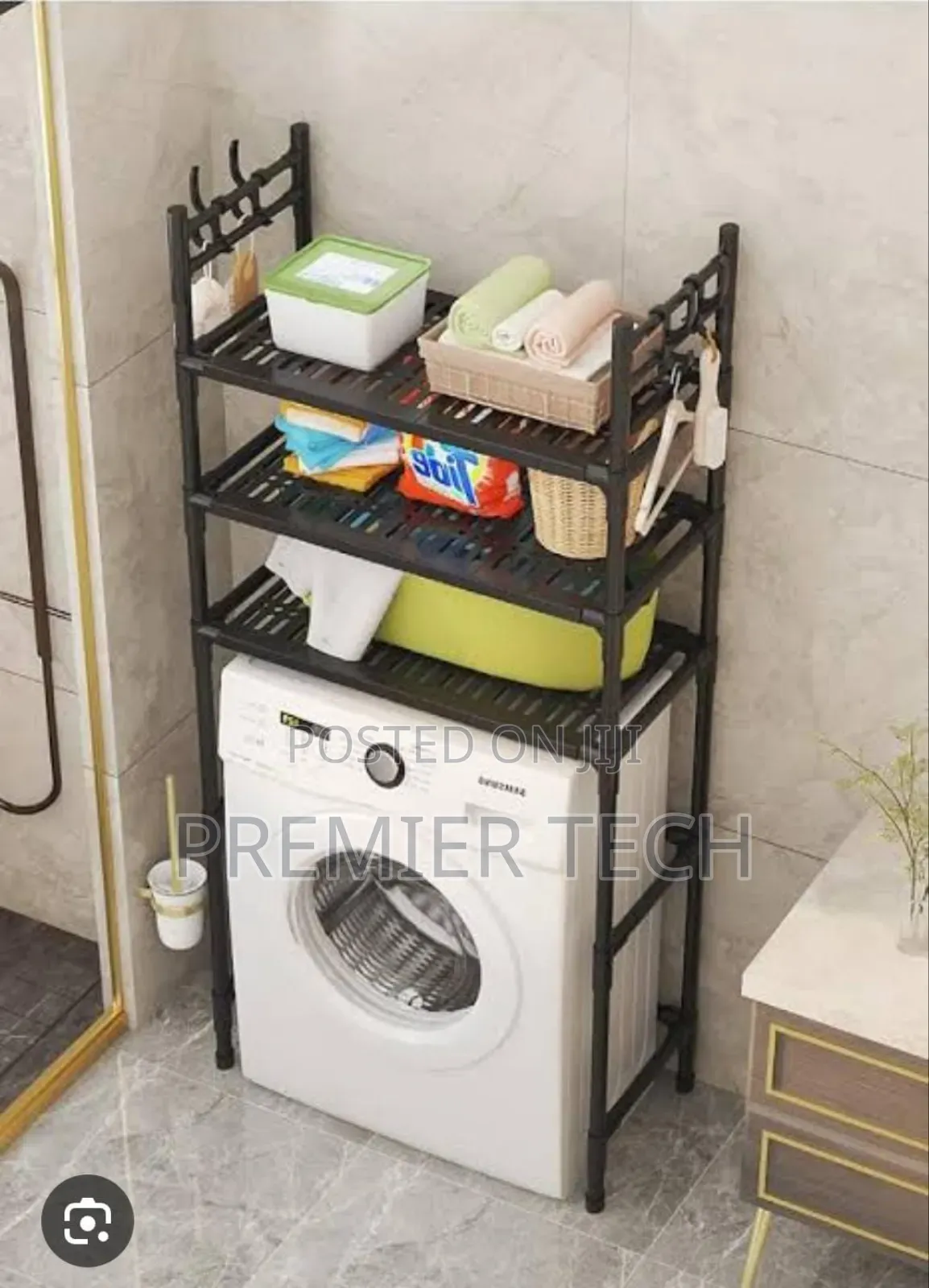 30kg Detachable Metallic 3 Layer Washing Machine Rack With Hooks