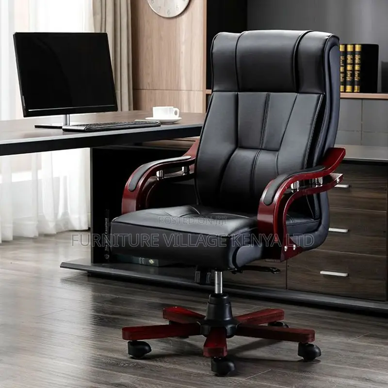 Leather Office Seats| High-back Executive Chair With Wood Base Frame