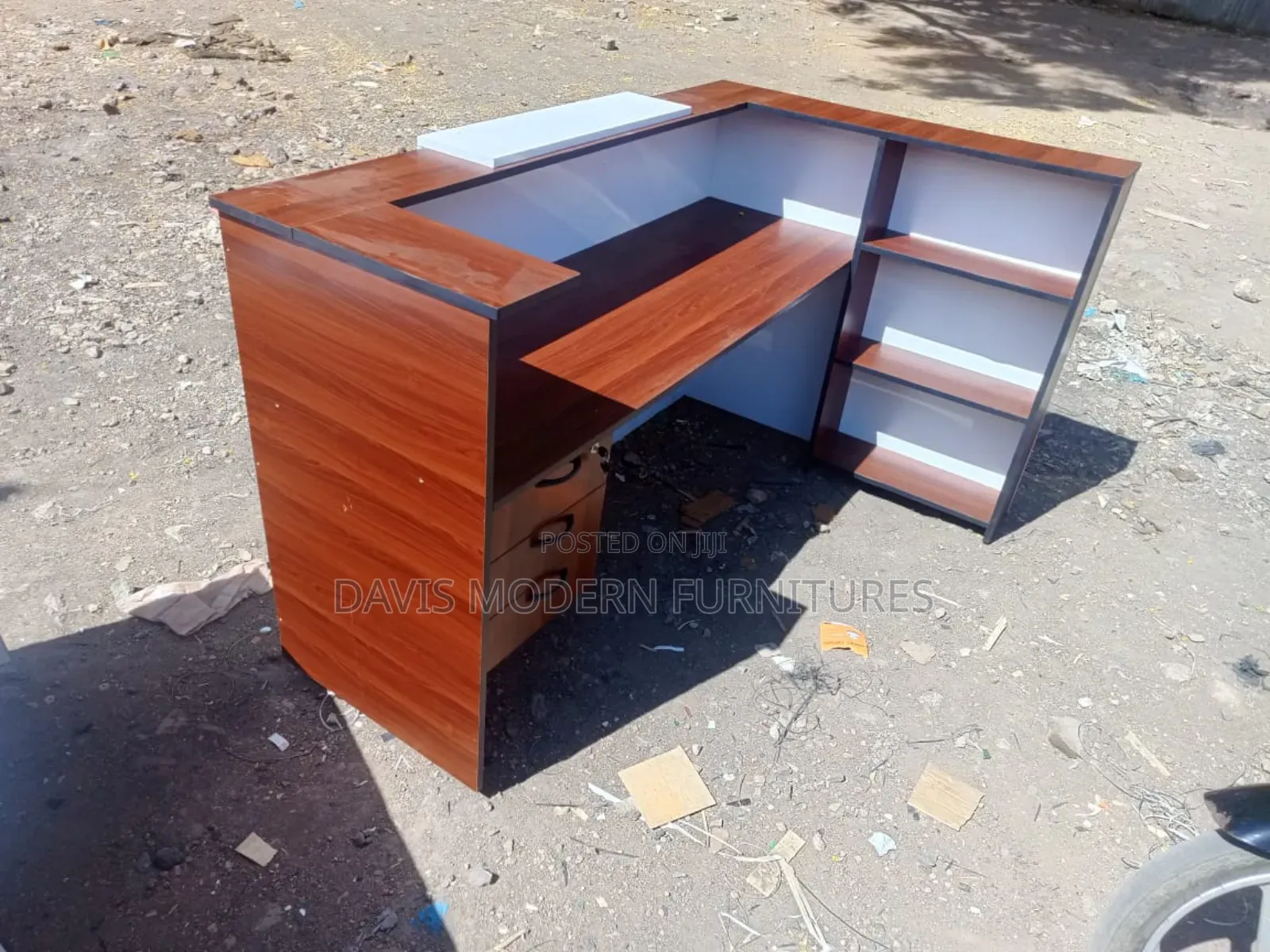 Modern Reception Counter Desk With Shelves – White Walnut Finish