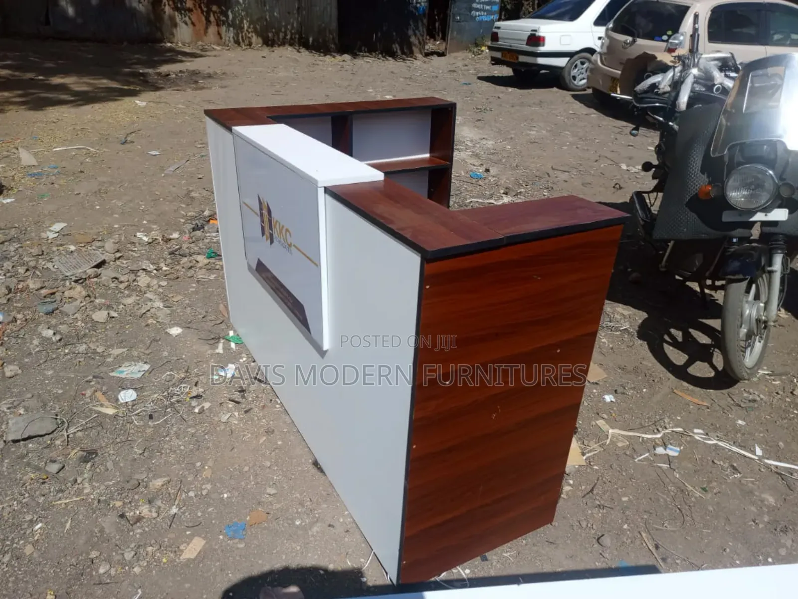 Modern Reception Counter Desk With Shelves – White Walnut Finish