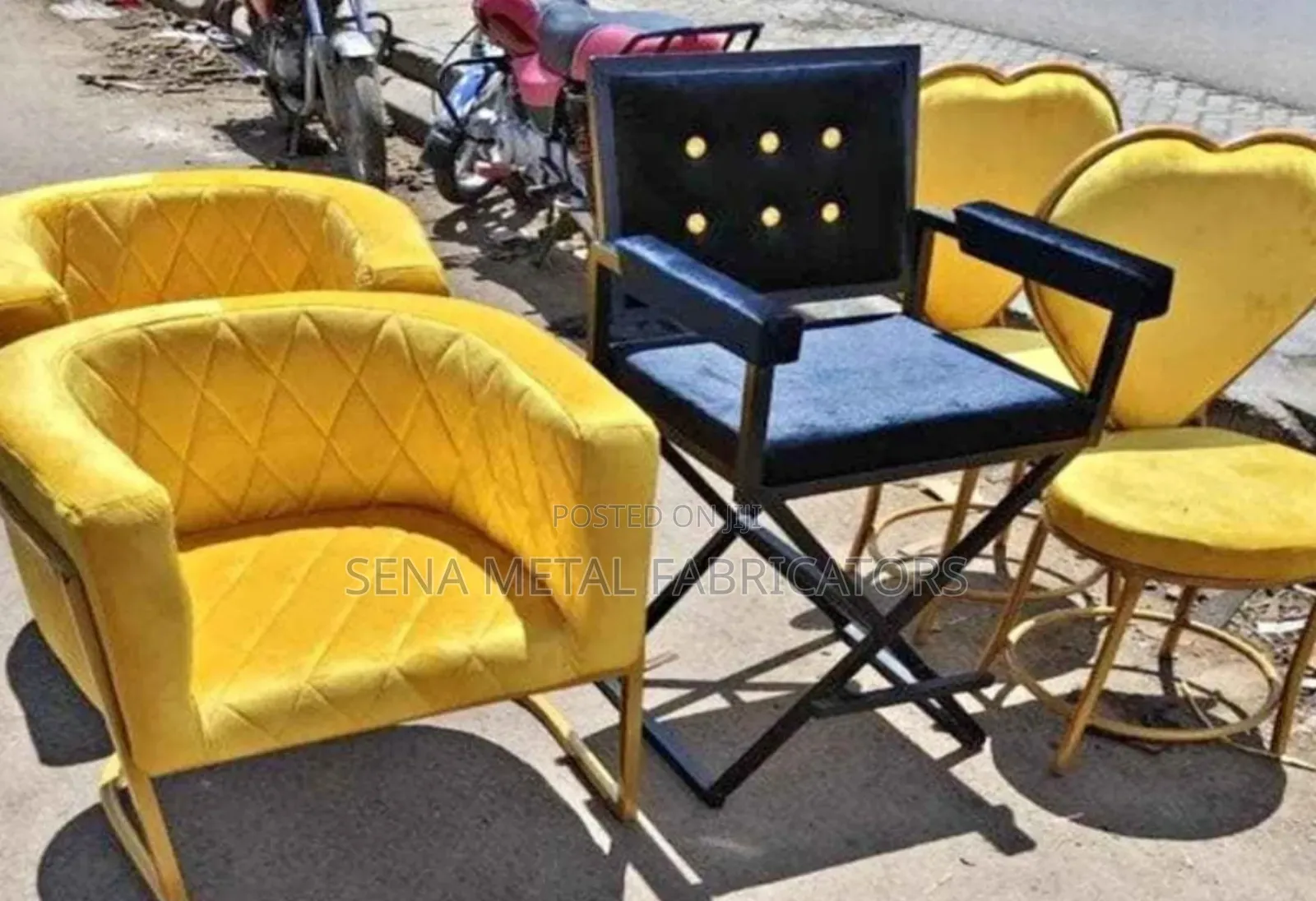Yellow Salon Chair Set With A Matching Black Make Up Stool.