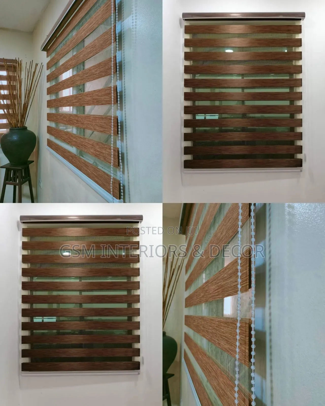 Dark Brown Horizontal Blinds in Office and Kitchen