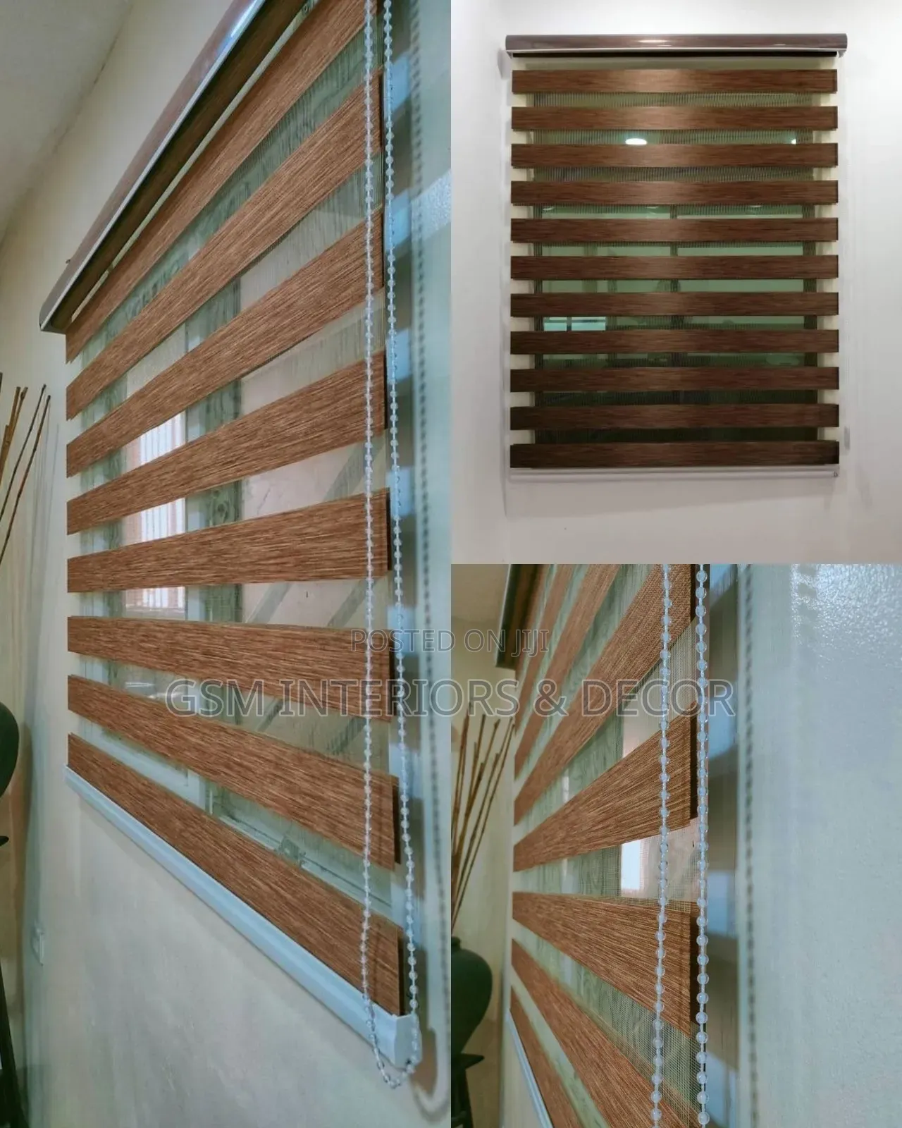 Deep Brown Horizontal Zebra Blinds With Pulley