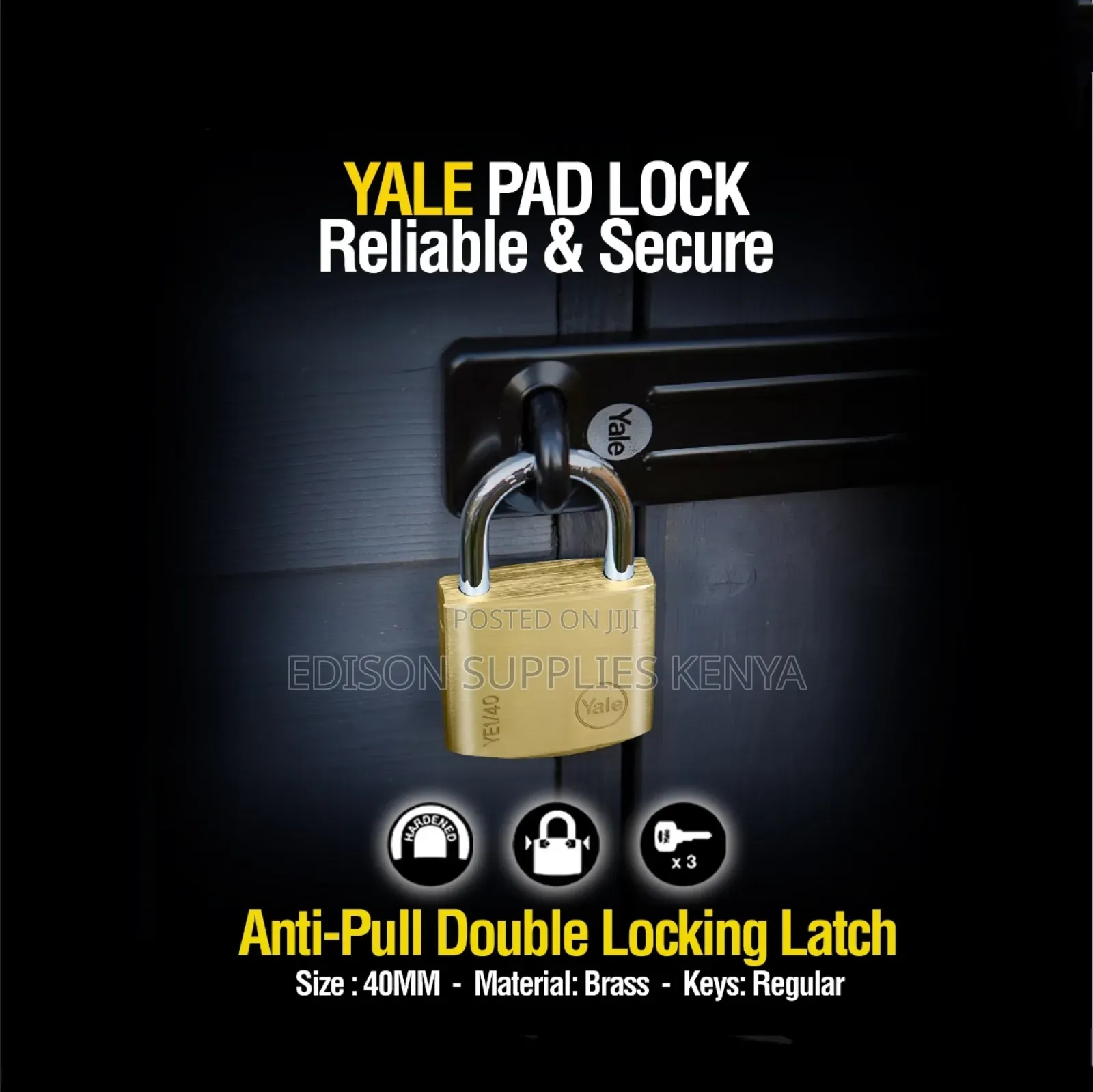Yale Padlock 40mm Brass Essential Padlock 3 Keys Safe Security