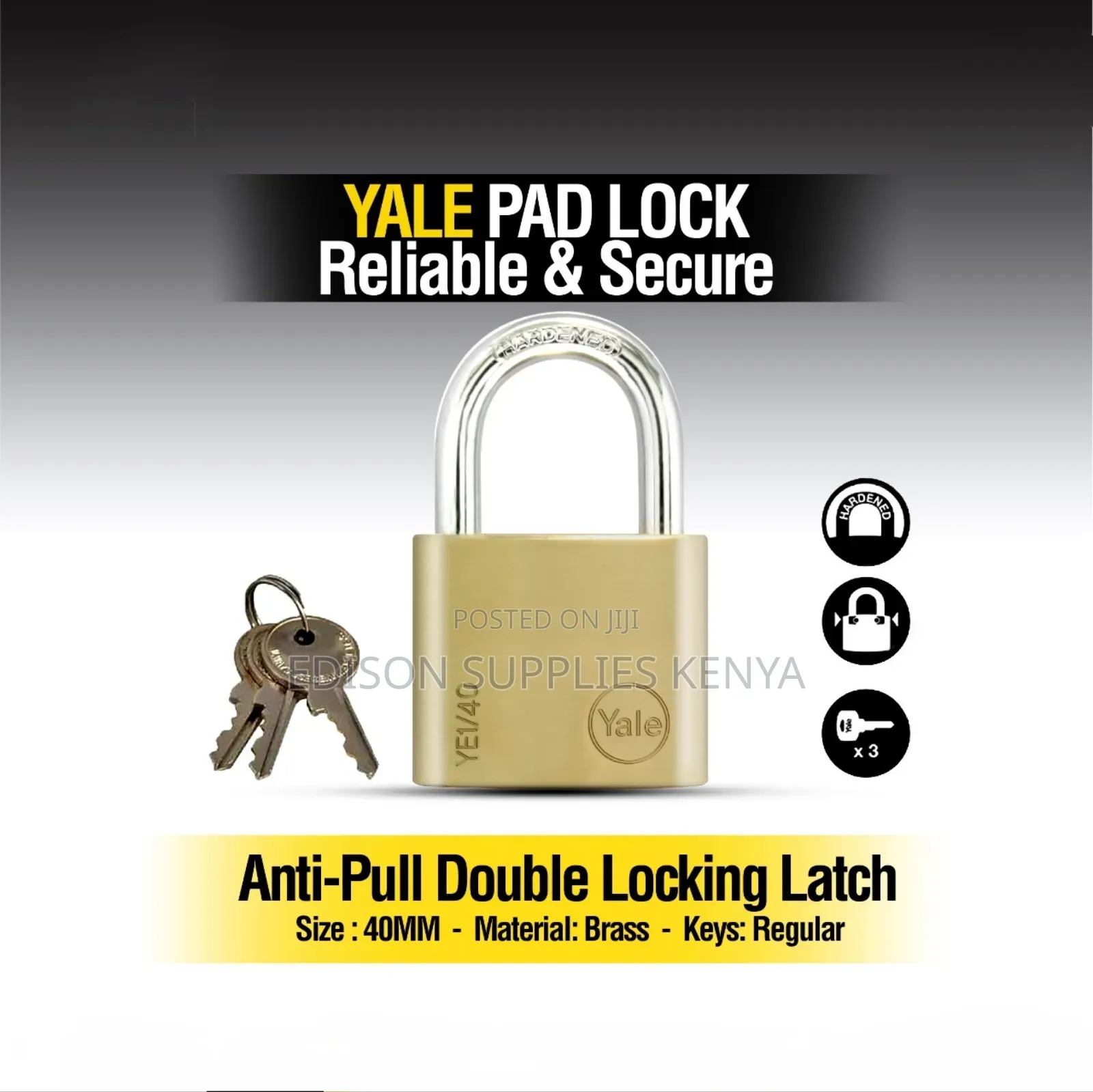 Yale Padlock 40mm Brass Essential Padlock 3 Keys Safe Security