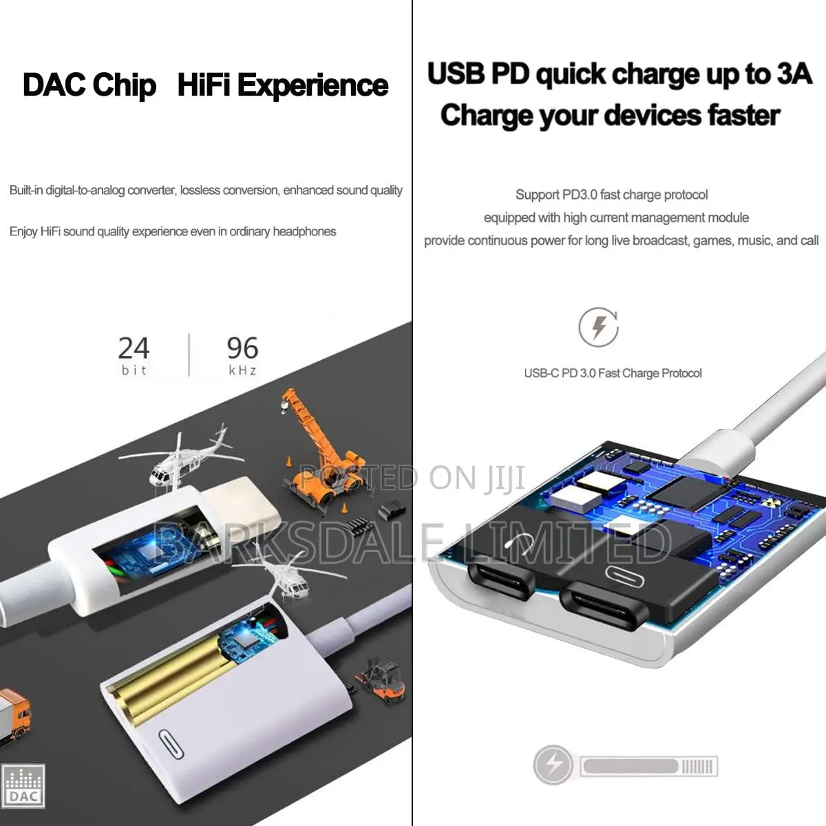 2in1 Usb Type-C Usb-C Headphone Audio Dac Splitter Adapter Pd Charging