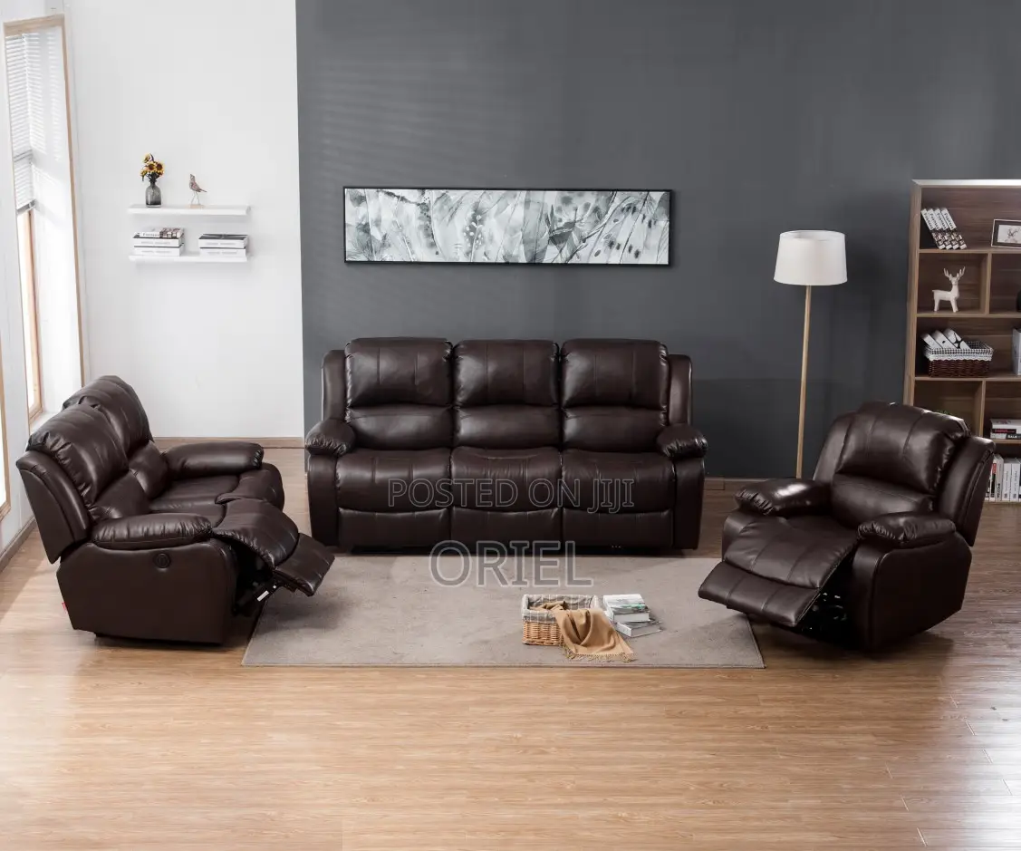 6-Seater Office Sofa Set : Brown Pu Leather Reclining Sofa