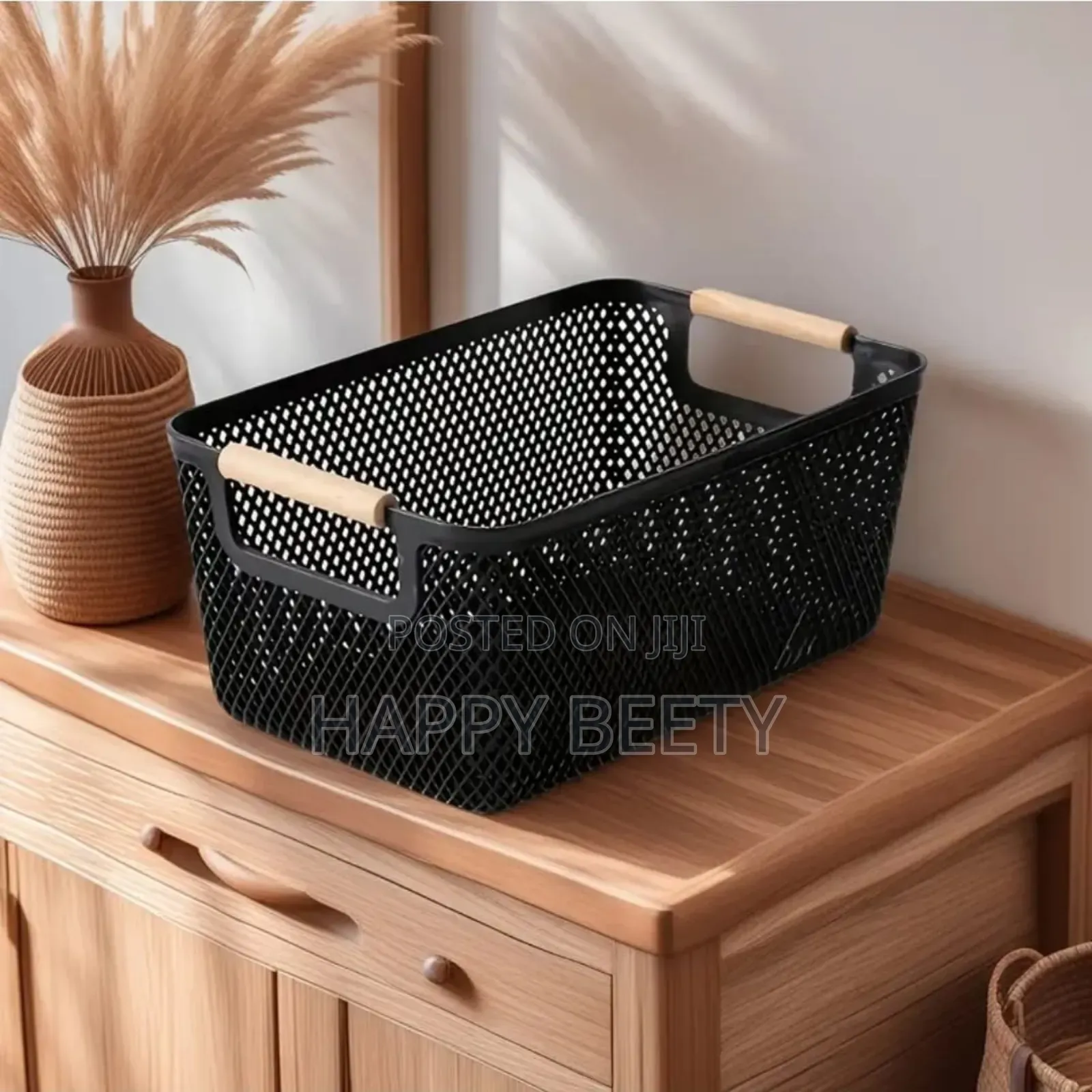 *Large Size Modern Hard Plastic Storage Basket With Wooden Handles*