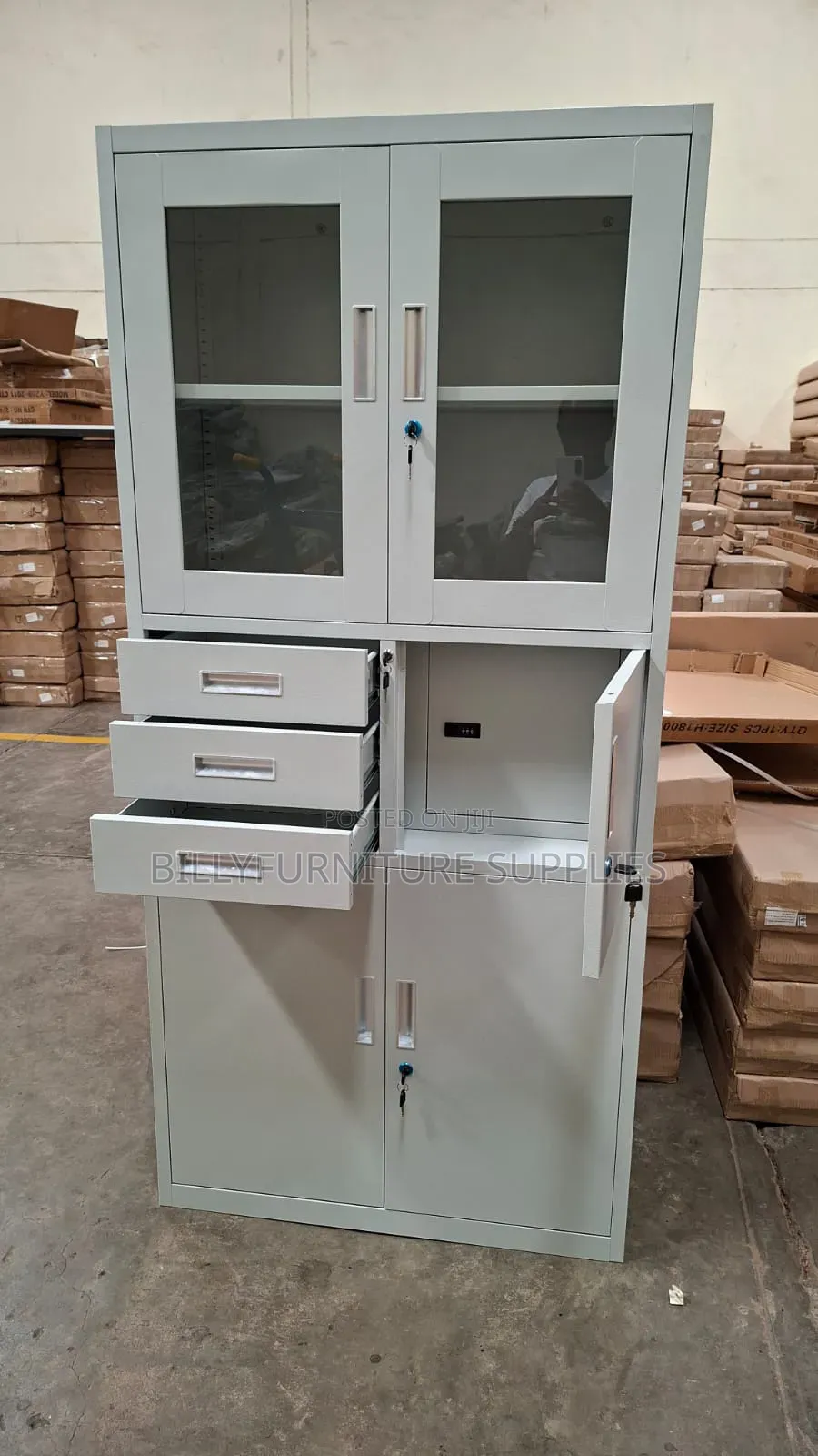 Half Glass Metallic Cabinet With Safe