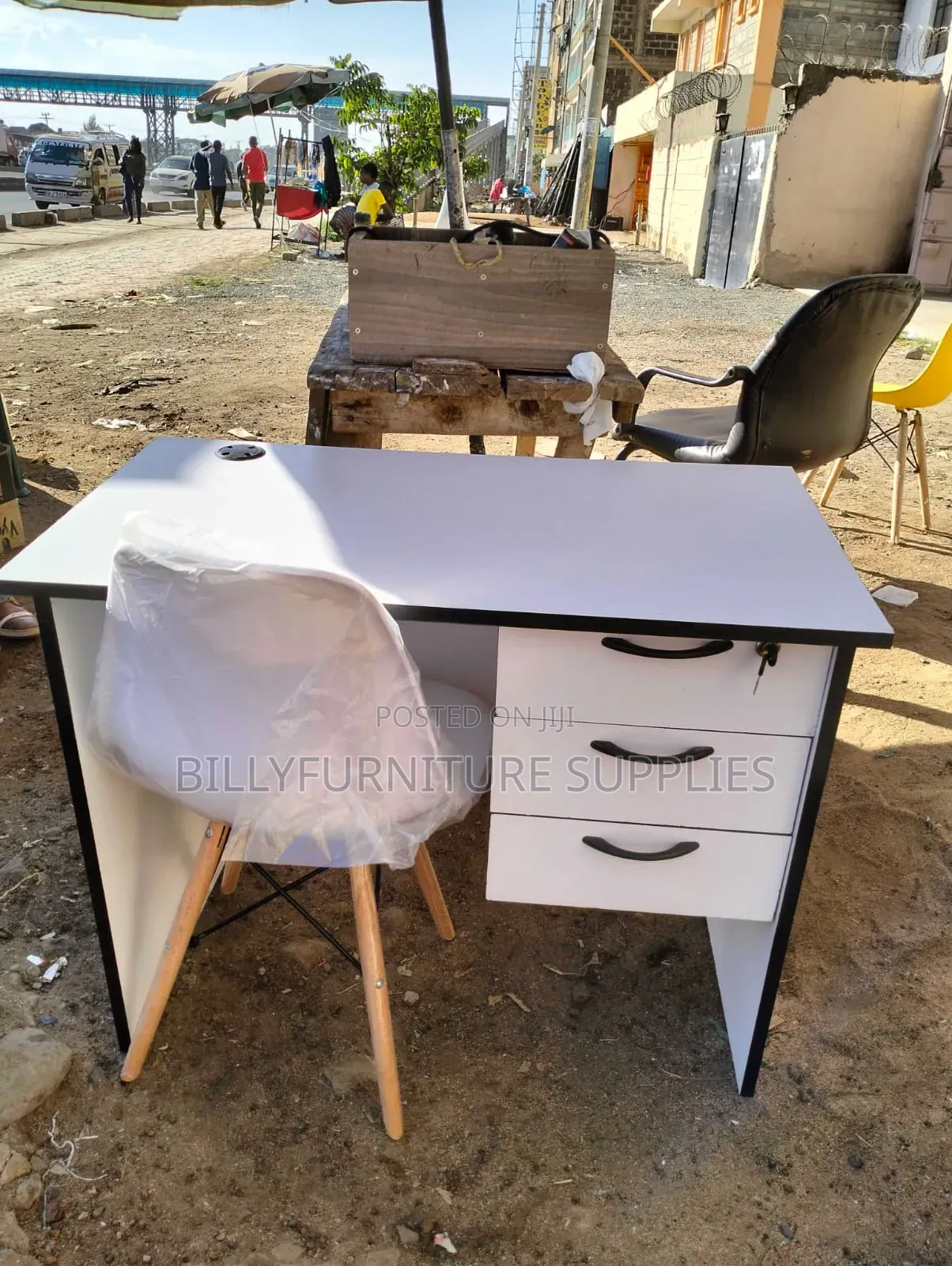 White 1m Desk and White Eames Chair