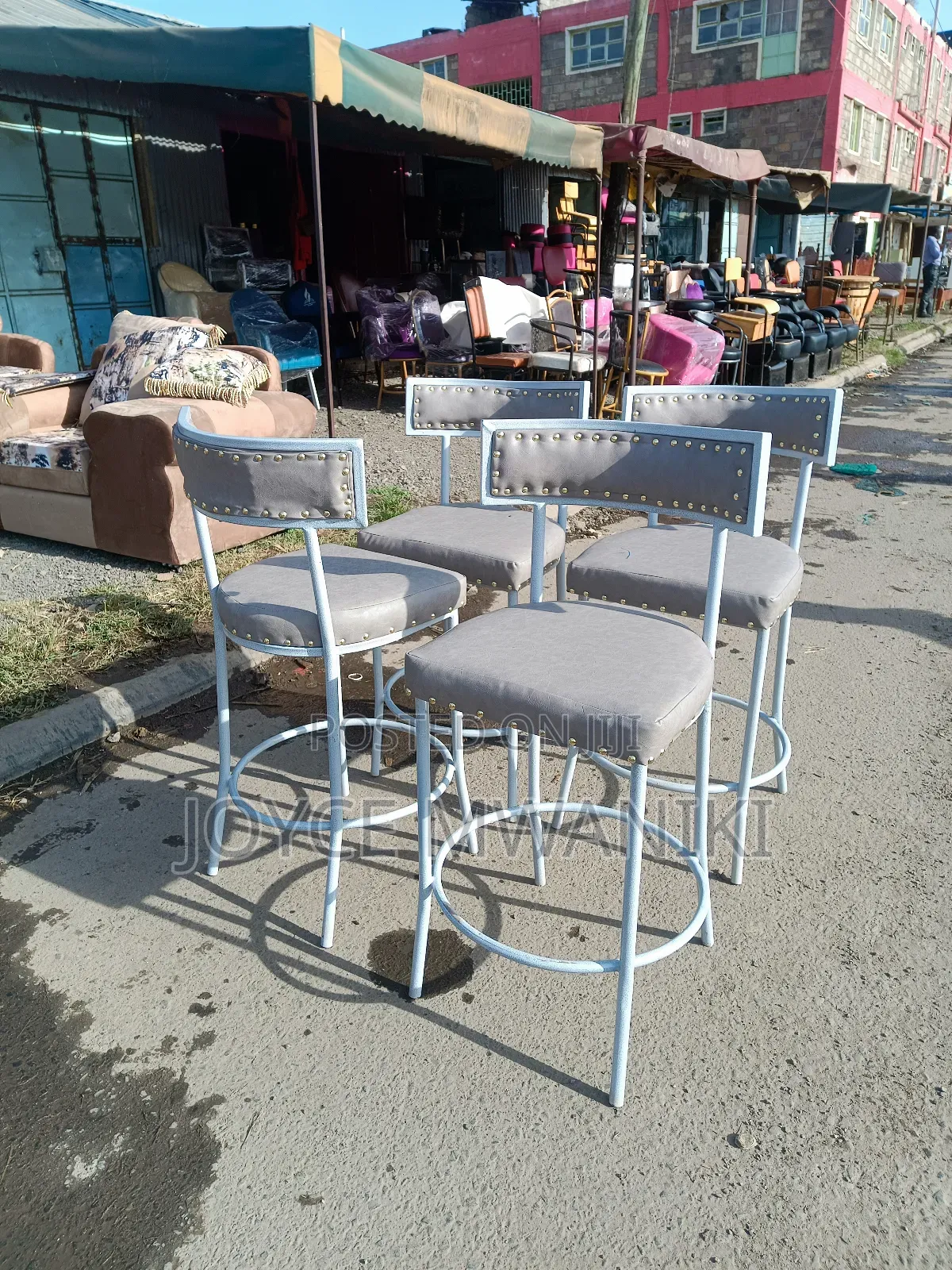 Modern Bar Chairs, Coated Frame and Grey Material 