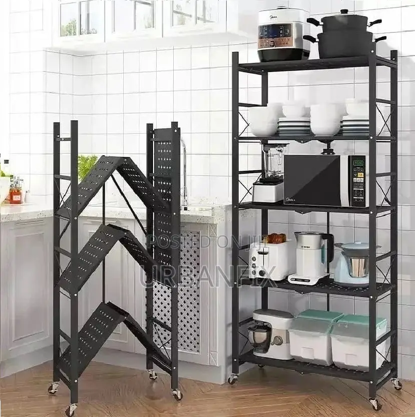 5 Tier Folding Shelf With Wheels, Metal Steel Collapsible Shelves