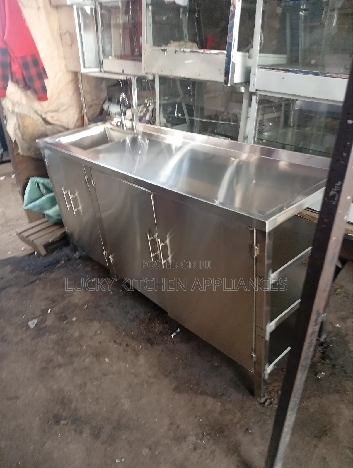 Stainless Steel Combinet With Single Bowl Sink, Drawers Shelves.