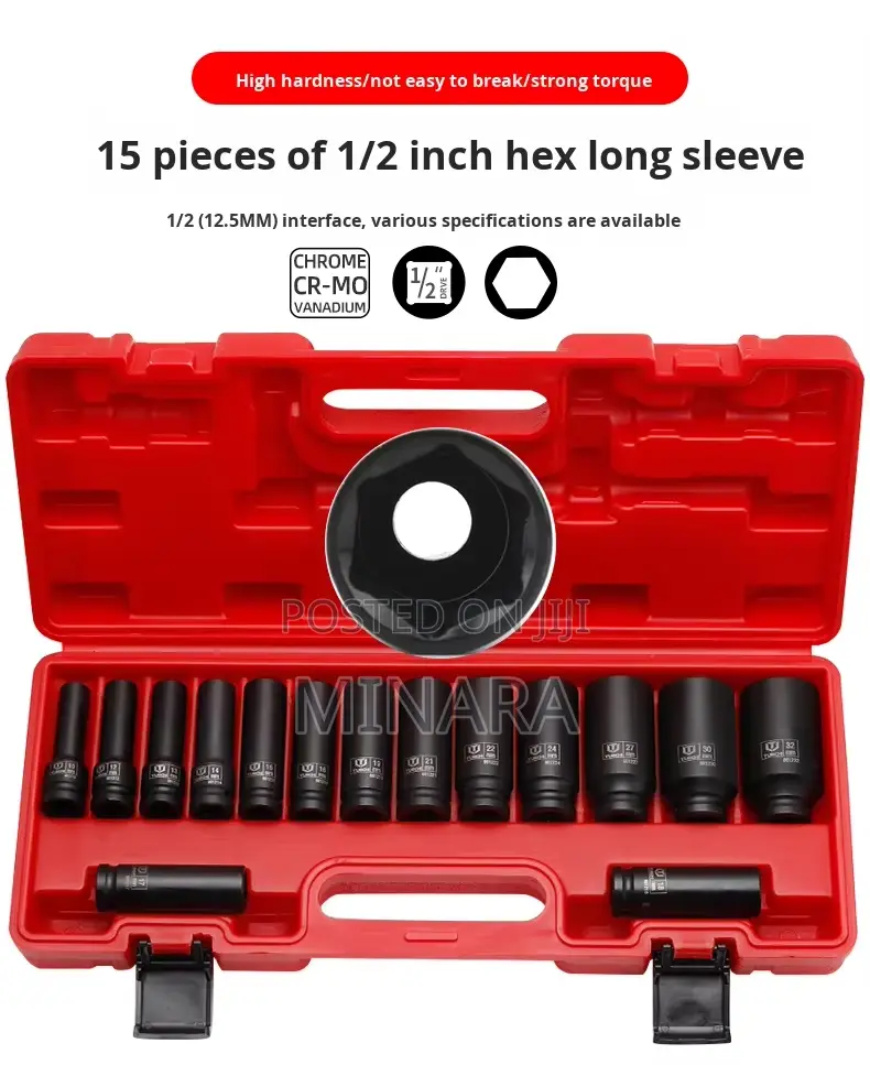 15 Pcs, 1/2'' Dr, Deep Impact Socket Set, 6 Point, Heavy Duty 10-32mm