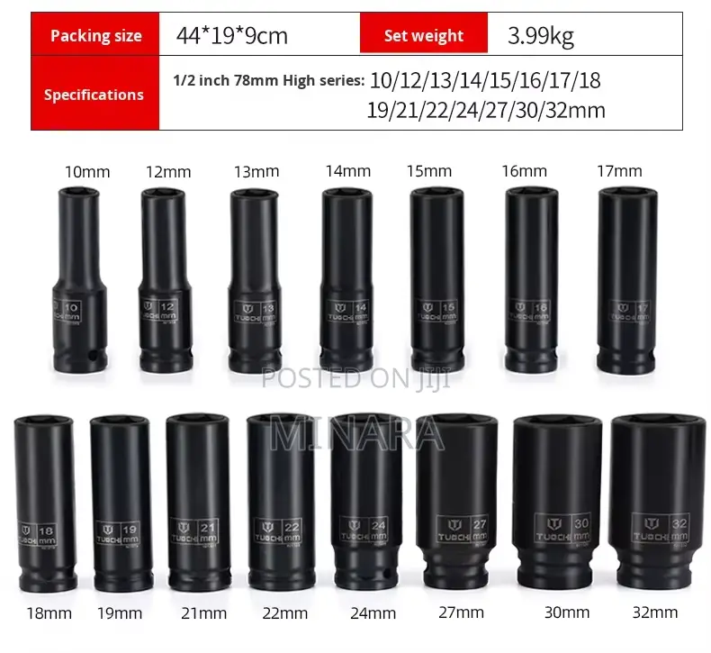 15 Pcs, 1/2'' Dr, Deep Impact Socket Set, 6 Point, Heavy Duty 10-32mm