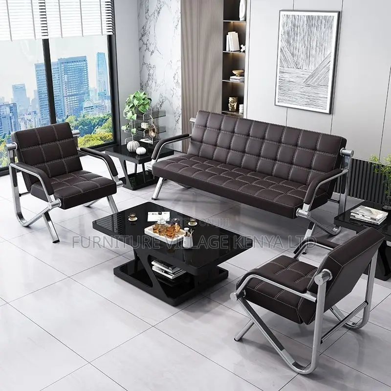 Office Sofa; Metal Frame Leather 5 Seater Reception Office Sofa