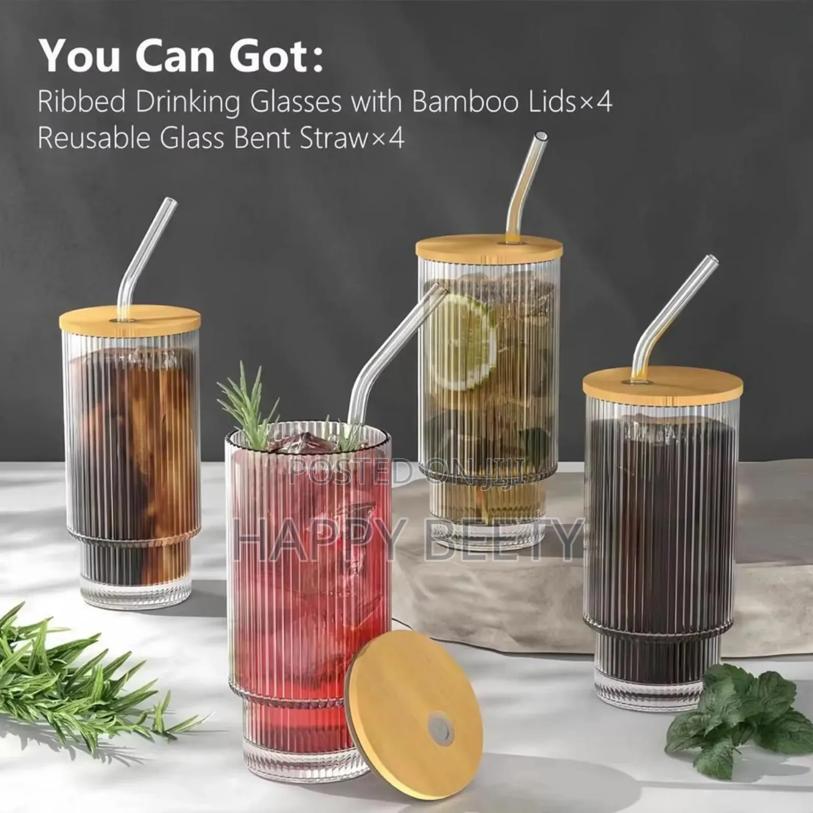 4 Set Glass Smoothie Cups With Bamboo Lid and Straw
