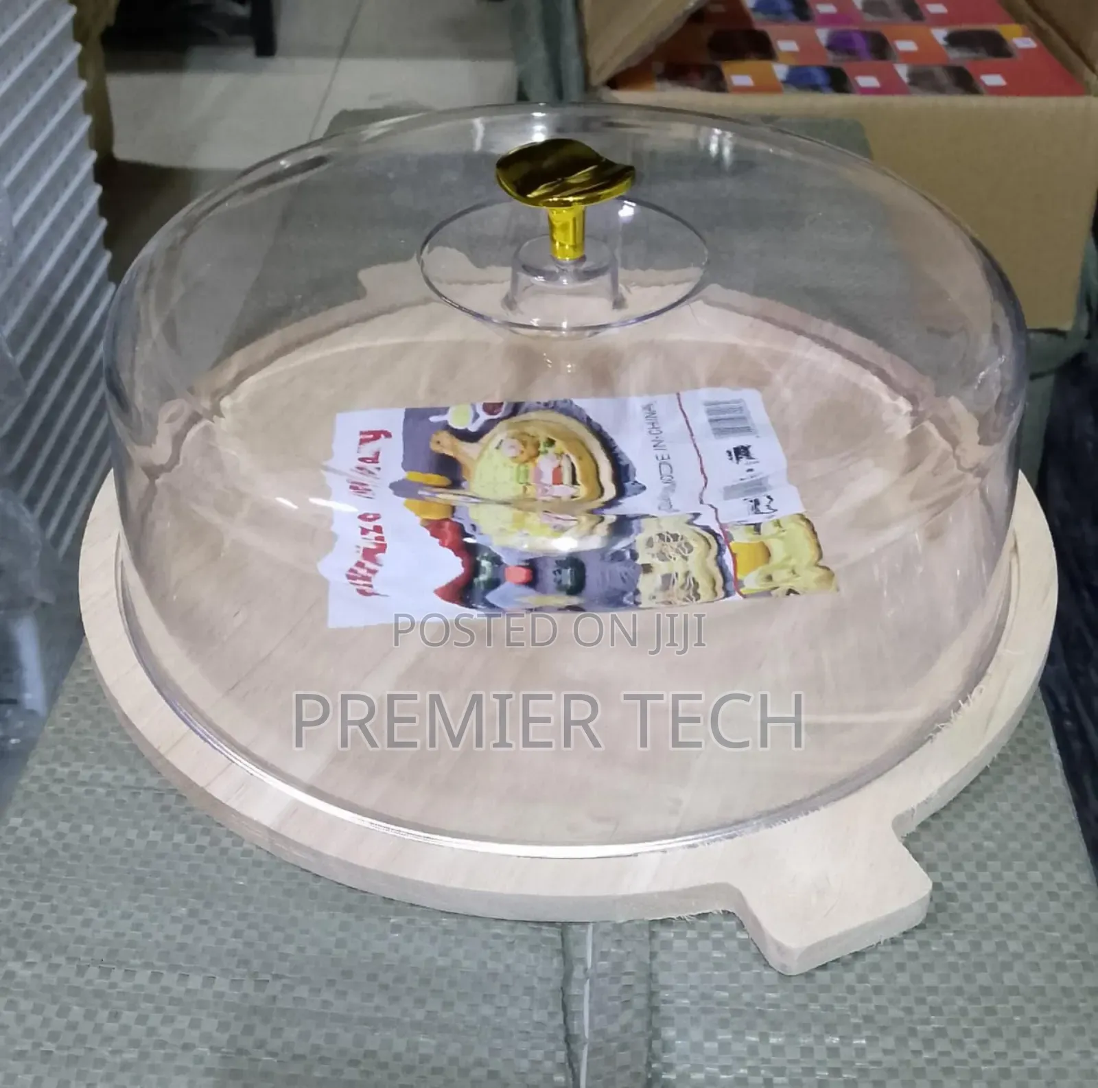 30cm Bamboo Tray With Handle + Acrylic Dome Cover for Food Bread Cake
