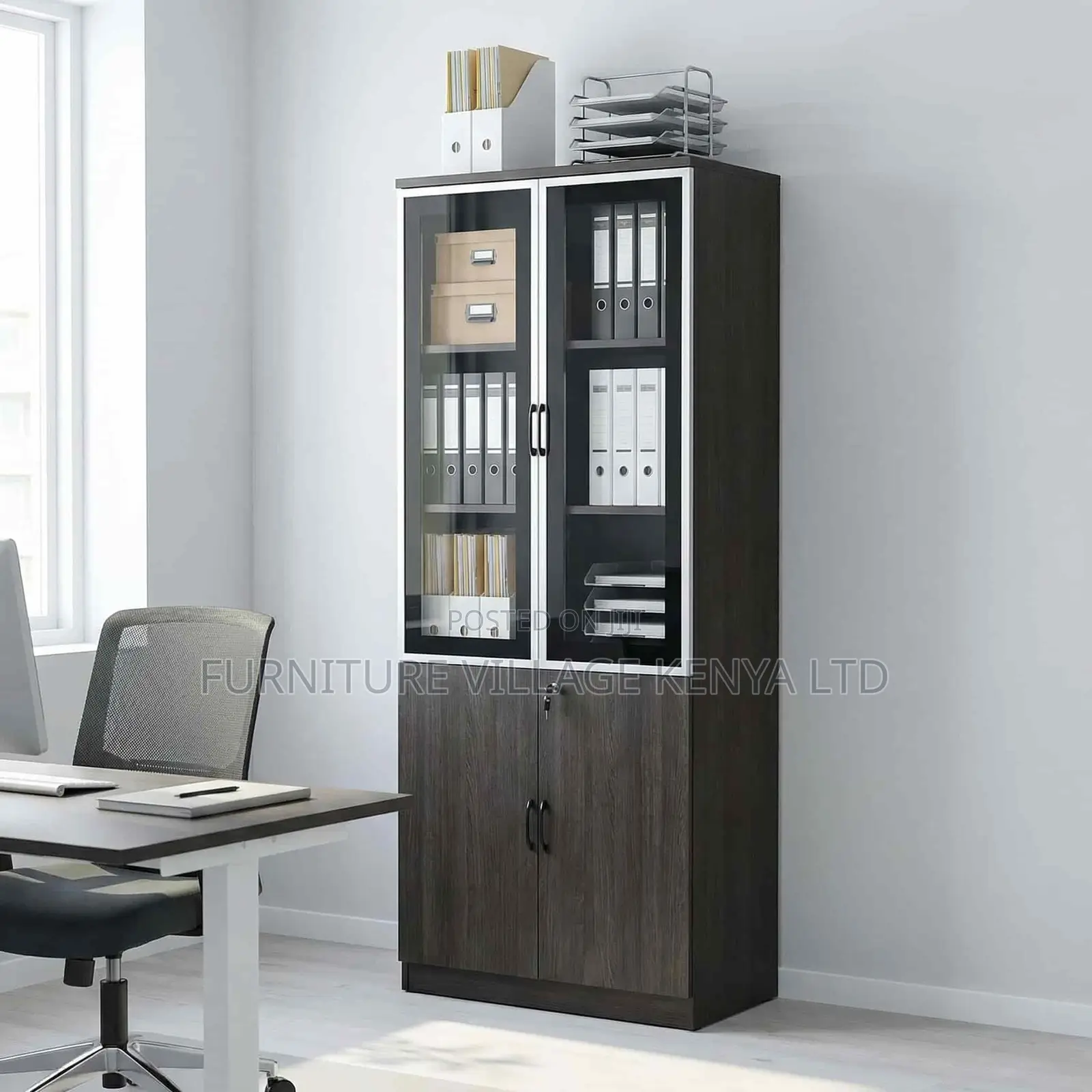 Office Cabinet; Glass & Wood 2-door Office Storage Cabinet