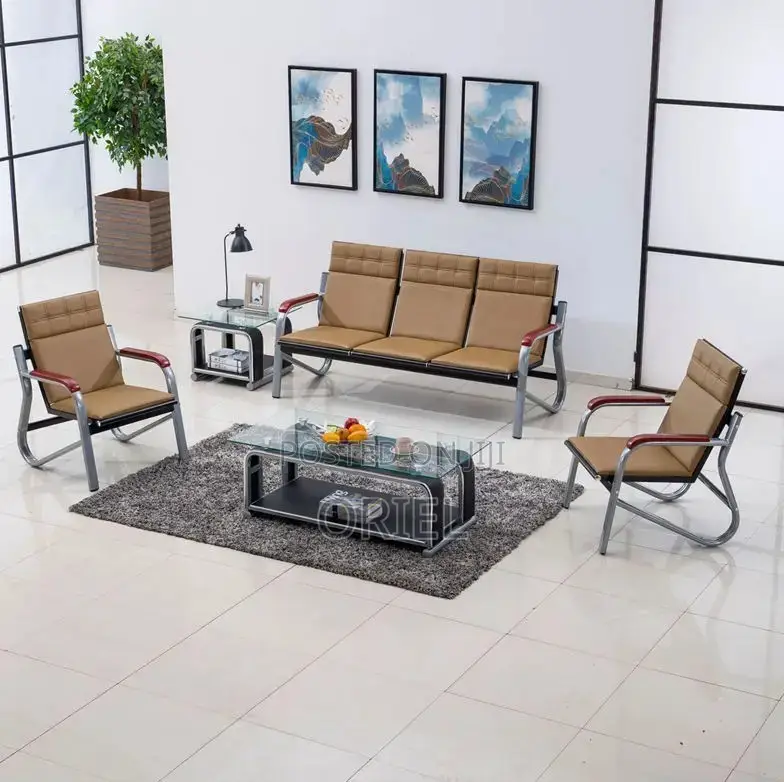 Office Sofa; High-Back 5-Seater Brown Office Lounge Couch