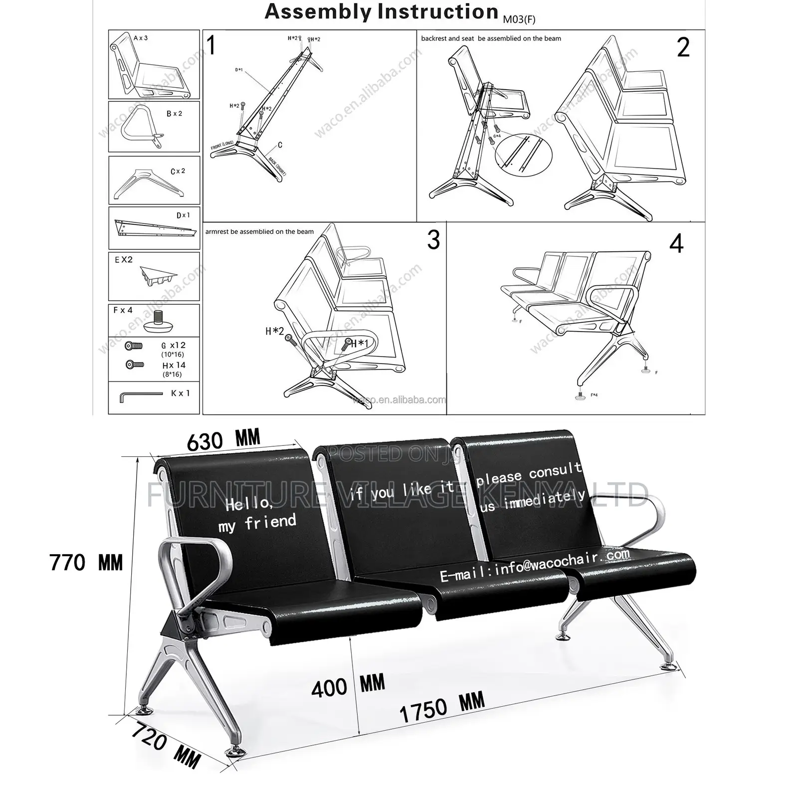 Waiting Bench; 3 Seater Heavy Duty Office Waiting Bench