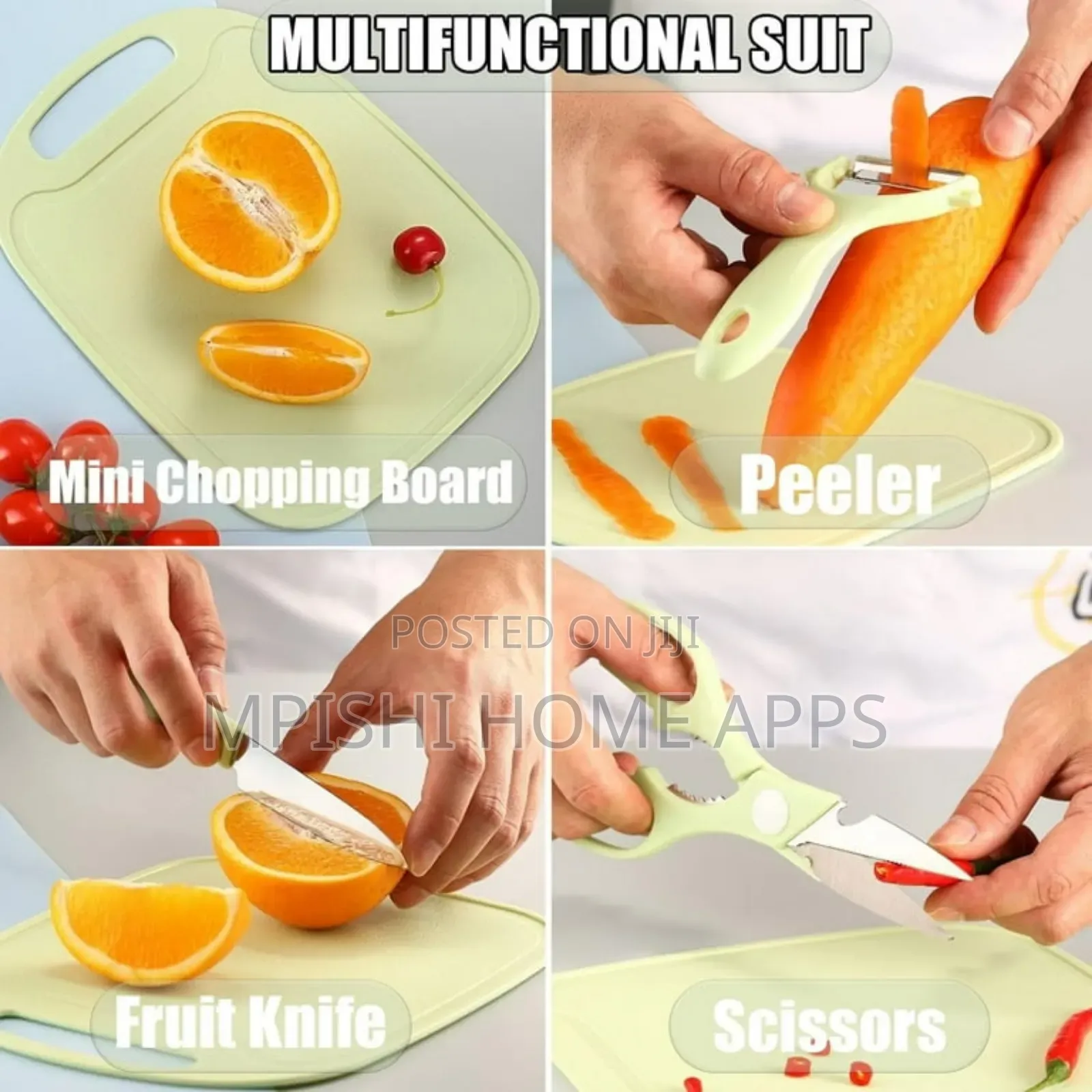 4-Piece Kitchen Set, a Knife, Peeler, Scissors, and a Cutting Board.