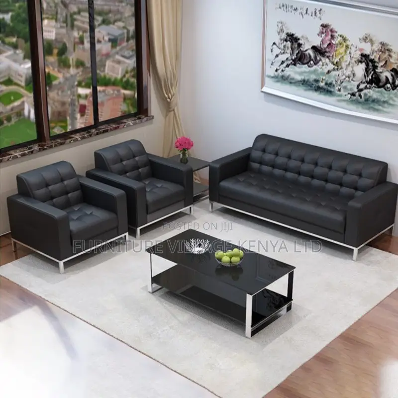 Office Sofa; Black 5-seater Office Leather Sofa