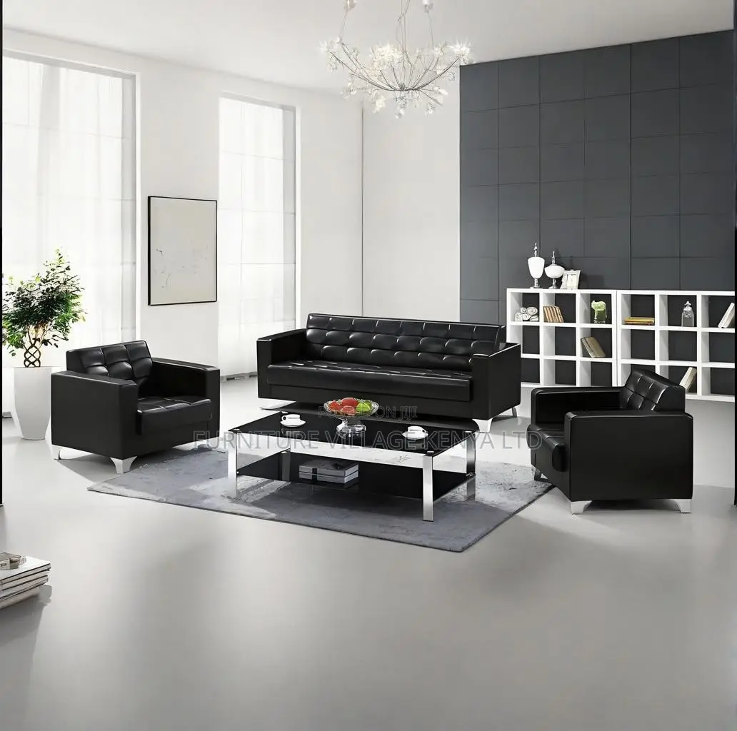 Office Sofa; Black 5-seater Office Leather Sofa