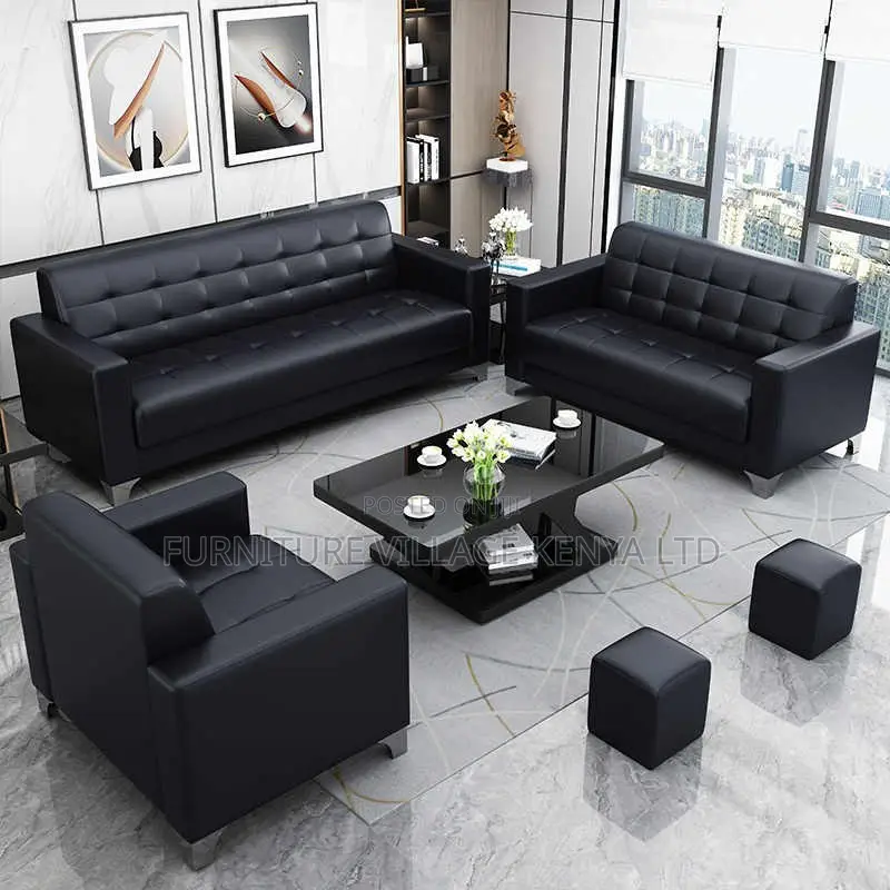 Office Sofa; Black 5-seater Office Leather Sofa