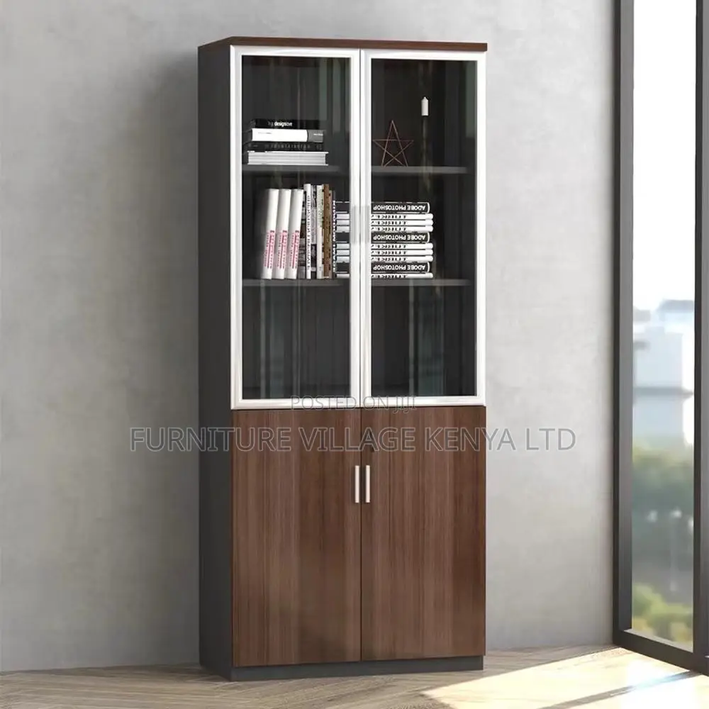 Office Cabinet; Glass & Wood 2-door Office Storage Cabinet