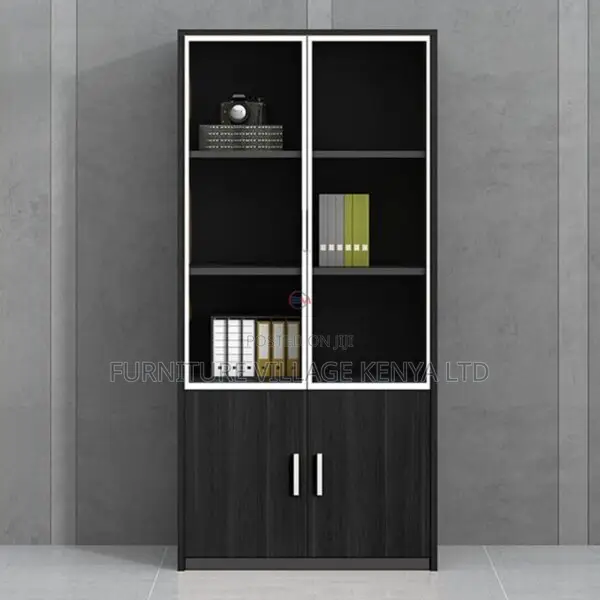Office Cabinet; Glass & Wood 2-door Office Storage Cabinet