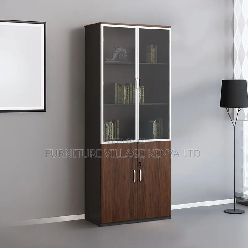 Office Cabinet; Glass & Wood 2-door Office Storage Cabinet