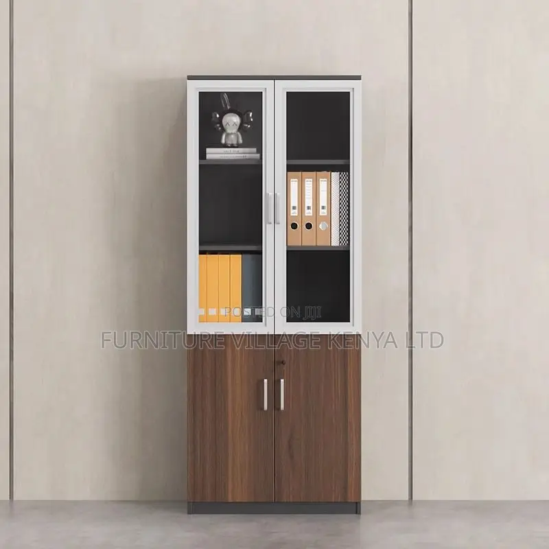 Office Cabinet; Glass & Wood 2-door Office Storage Cabinet