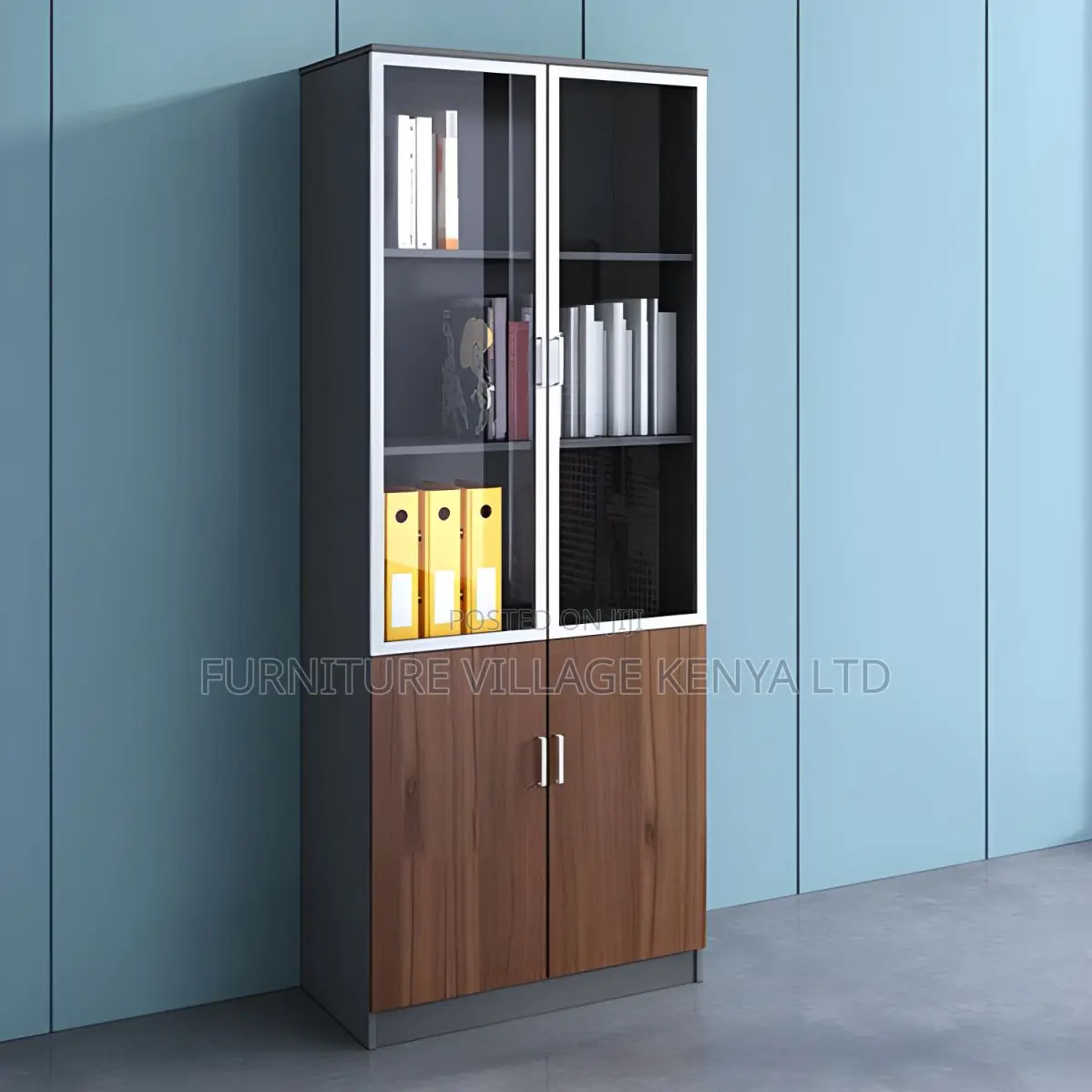 Office Cabinet; Glass & Wood 2-door Office Storage Cabinet