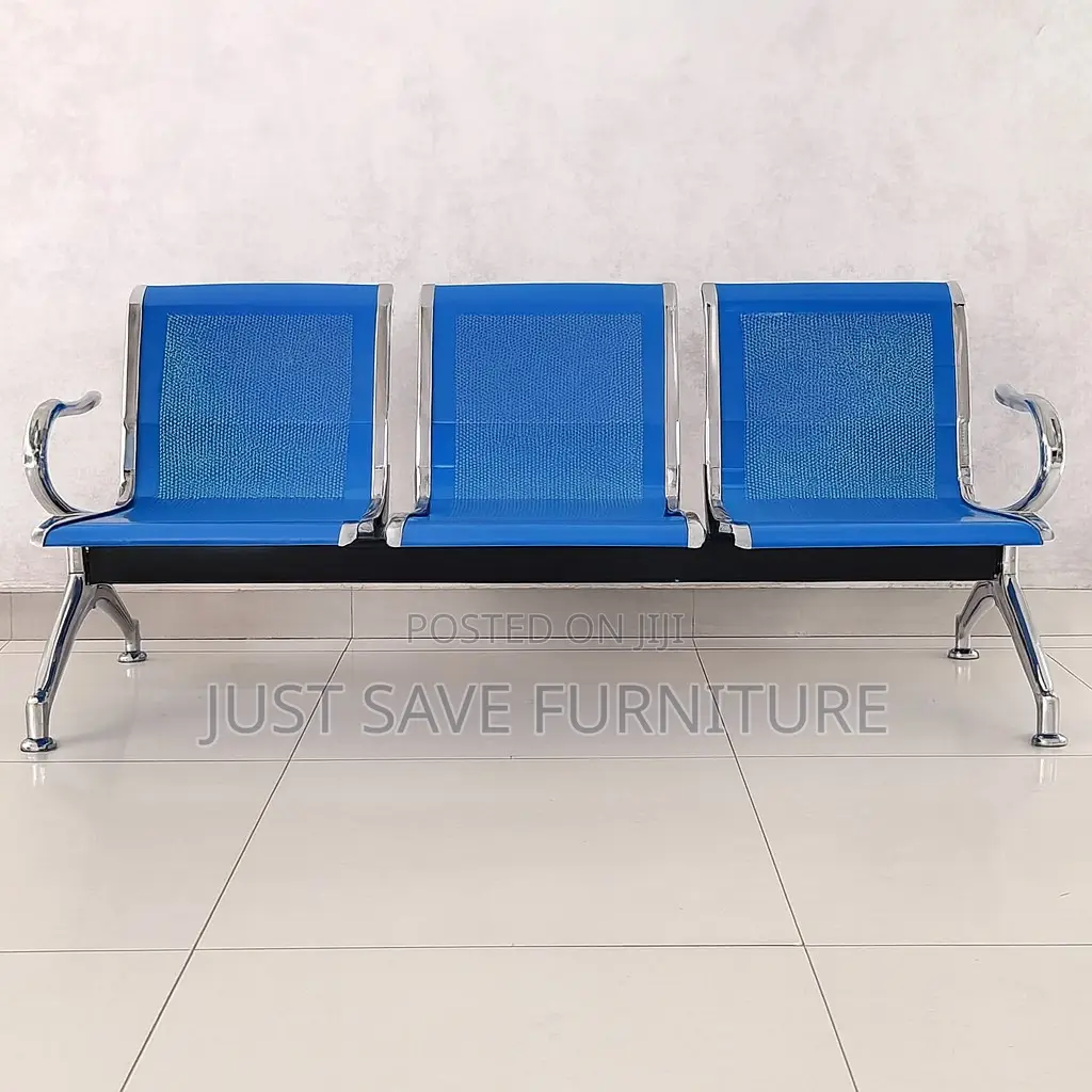 3-Seater Metal Waiting Bench Chair – Blue Office / Reception Seat
