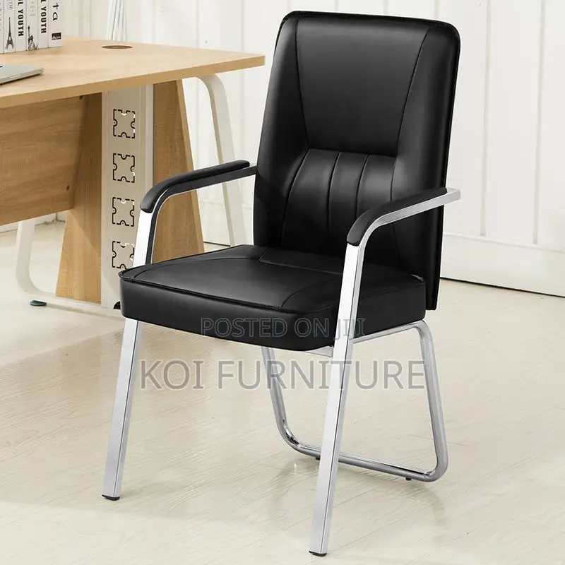 Office Chair : Modern Black Leather Visitor Chair – Chrome Frame