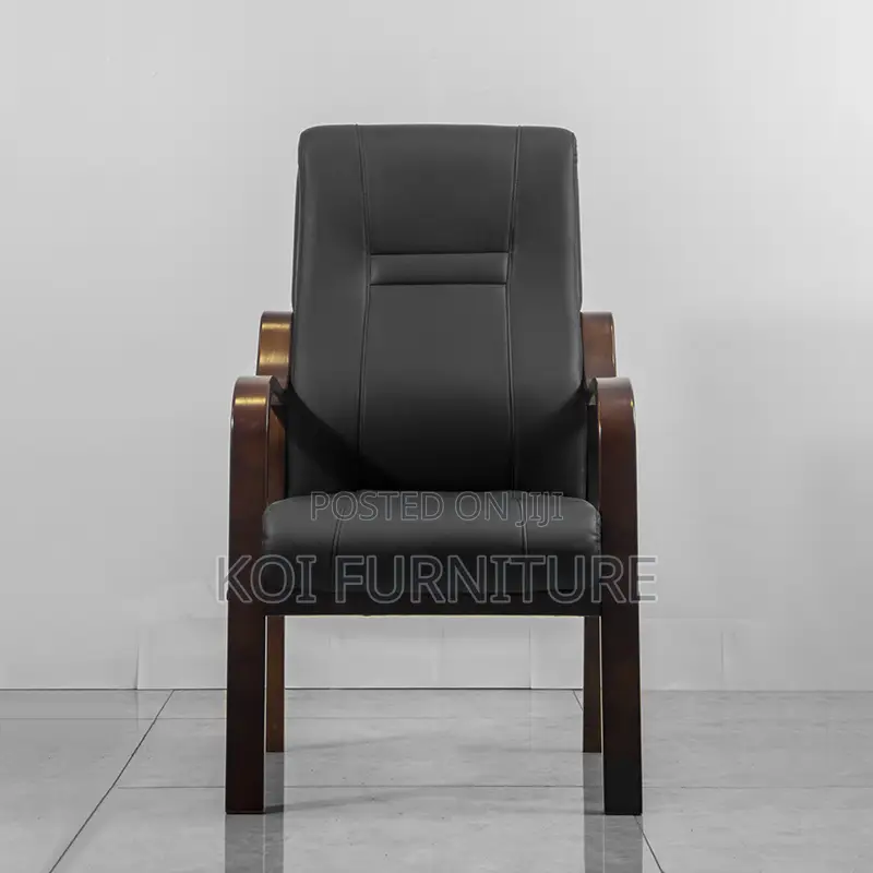 Office Chair:Executive Visitor Chair – Black Leather With Wooden Frame